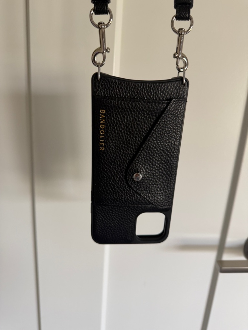 Bandolier Black Pebbled Leather Crossbody Phone Case with Card Pocket